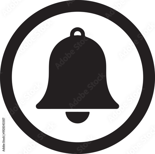 A simple graphic displays a black bell shape within a black circular frame on a white background silhouette high quality professional