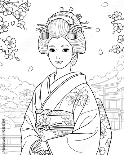 Japanese geisha in traditional kimono, serene expression, standing in a garden setting