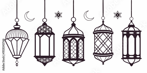 A collection of traditional lanterns hanging in a row with crescent moons. Vector