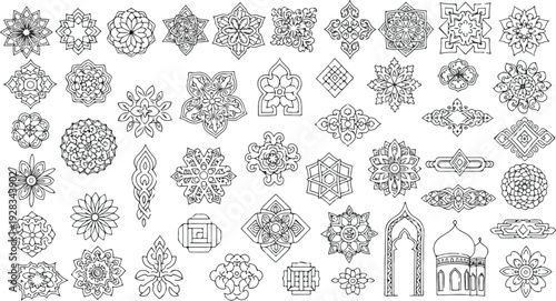 Collection of intricate hand-drawn Islamic geometric patterns, mandalas, and architectural elements on white background. Vector illustration for design.