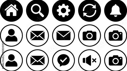 Modern collection of essential circular flat design user interface icons for web, mobile applications, and digital communication technology