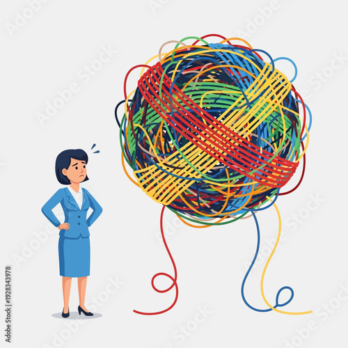 Woman Standing Next to Tangle of Yarn.