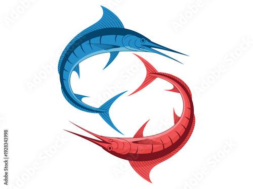 Colorful illustration of blue and red marlin fish swimming in circular motion together