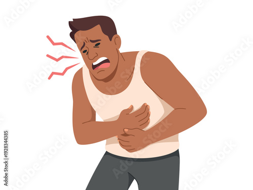 Man experiencing stomach pain and discomfort, clutching his abdomen in distress