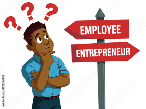 Man Choosing Between Employee and Entrepreneur Career Paths with Question Marks