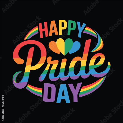 LGBTQ pride day celebration with colorful rainbow text on solid black background
