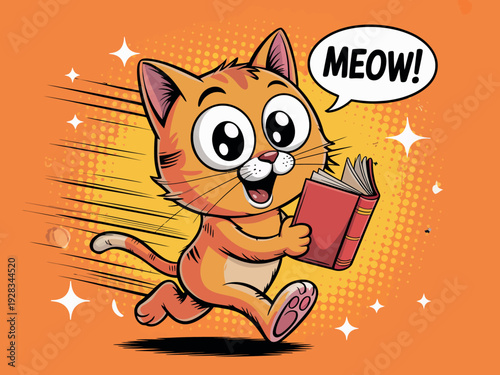 Cartoon orange cat running with book and saying meow on bright background
