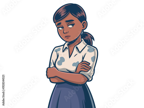 Cartoon woman with crossed arms and ponytail looks unimpressed and confident standing alone