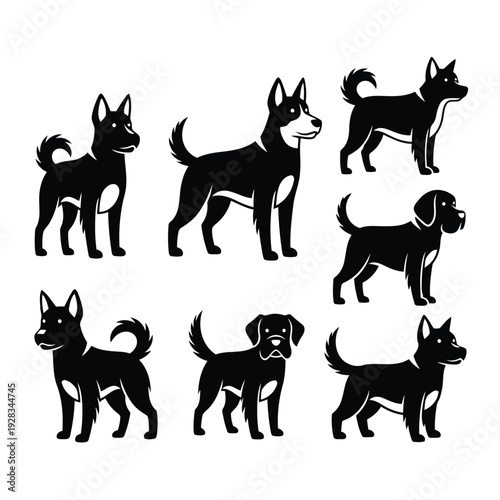 Collection of black dog silhouettes standing in various poses on white background illustrations