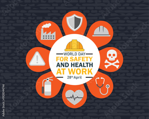 World day for safety and health at work observed each year on April 28th to promote the prevention of occupational accidents and diseases globally. Vector illustration.