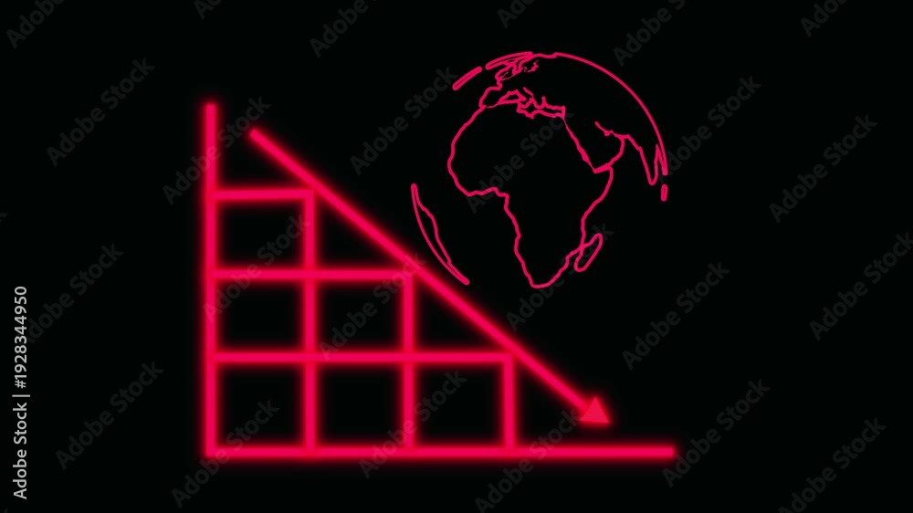 Red Neon Outline of Bar Chart and Earth Globe with Downward Arrow on ...