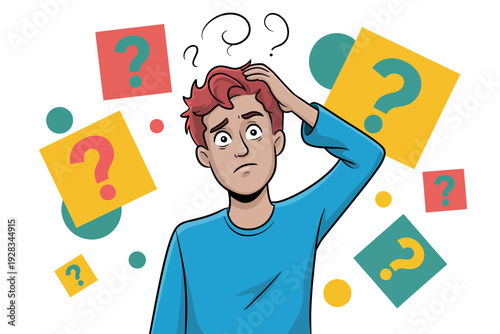Confused cartoon man with question marks surrounding him in colorful illustration