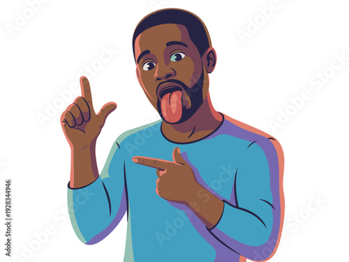 Cartoon Man Making Funny Face and Gestures with Hands and Tongue Out