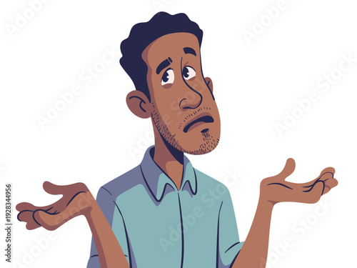 Cartoon man with puzzled expression and shrugging gesture on white background illustration