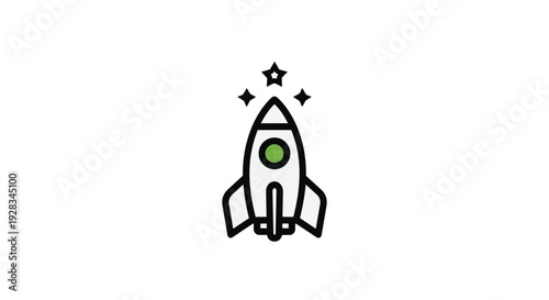 A simple line drawing of a rocket ship blasting off into space with stars