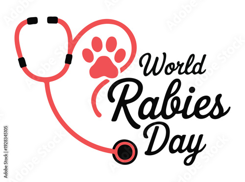 World Rabies Day illustration with stethoscope and paw print in red on white background for health awareness