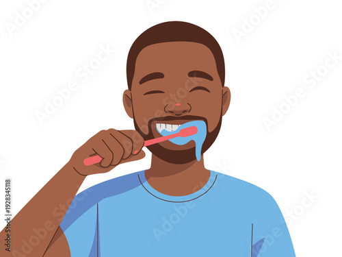 Young Man Brushing Teeth with Toothbrush and Blue Toothpaste in Morning Routine