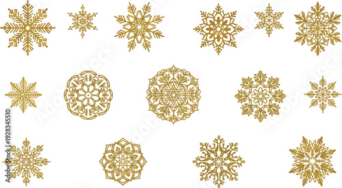 Collection of intricate golden symmetrical snowflake icons provides elegant seasonal decorative elements for winter design projects.