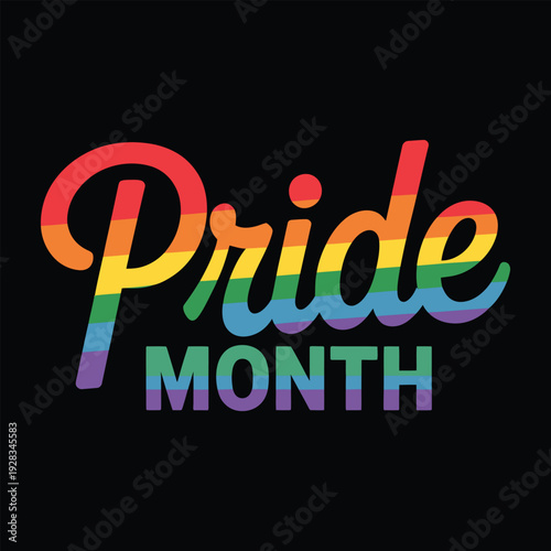 Pride month celebration with rainbow colored text on solid background