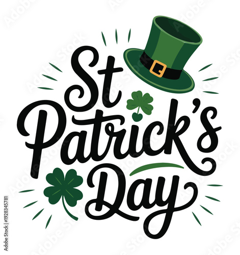 St. Patricks Day Greeting Card with Green Leprechaun Hat and Shamrocks in Elegant Calligraphy on White Background for Irish Heritage Celebration