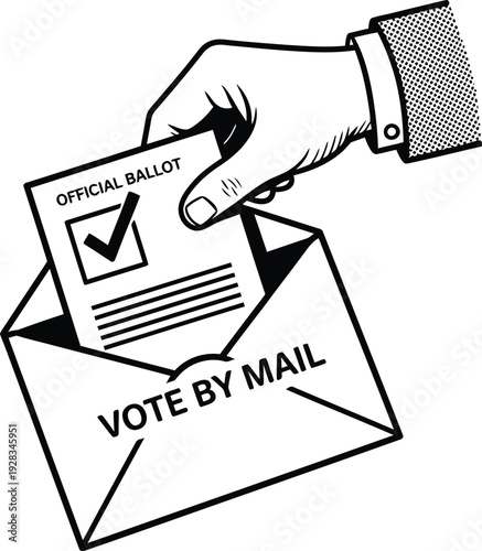 A person's manicured hand inserts an official ballot with a checkmark into an open envelope clearly labeled VOTE BY MAIL for.