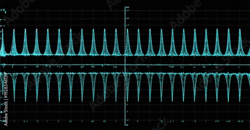 Oscilloscope display shows two periodic waveforms. Signals appear triangular, possibly pulse width modulation. Dark background enhances visibility.