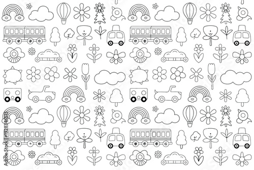 A colorful illustration of cartoon objects including buses and flowers