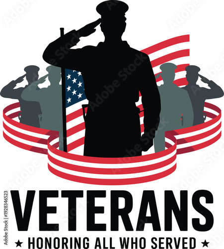Veterans honoring all who served with American flag and soldiers saluting  patriotism concept