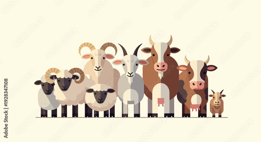 Fototapeta premium A minimalist flat design illustration showcasing a friendly group of sheep, goats, and cows, ready for the Eid al-Adha celebration. This clean vector art emphasizes the spirit of giving and tradition