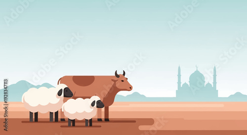 This flat design vector illustration depicts a peaceful scene of qurban animals near a mosque, symbolizing the religious significance of Eid al-Adha