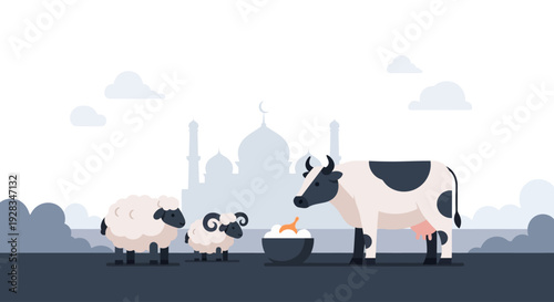 This flat design vector illustration depicts a peaceful scene of qurban animals near a mosque, symbolizing the religious significance of Eid al-Adha