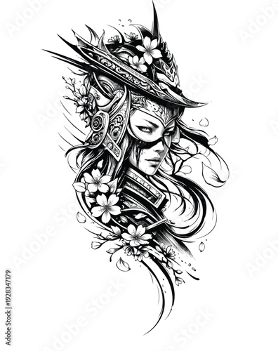 Warrior Woman Portrait with Flowers and Ornate Helmet.