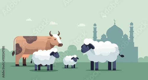 This flat design vector illustration depicts a peaceful scene of qurban animals near a mosque, symbolizing the religious significance of Eid al-Adha
