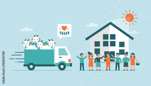 A vibrant flat design illustration capturing the essence of qurban animal delivery, symbolizing community sharing and generosity during Eid al-Adha