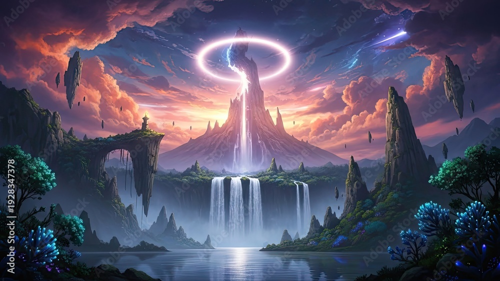 Obraz premium A fantastical landscape with a glowing tower and waterfall at sunset