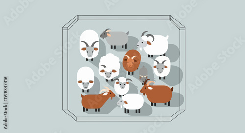 This unique flat design illustration provides an overhead perspective of a group of sacrificial animals gathered in a pen, symbolizing preparation for Eid al-Adha