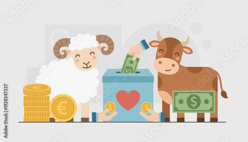 A conceptual flat design illustration merging sacrificial animals with symbols of money and donation, highlighting the charitable aspect of Eid al-Adha