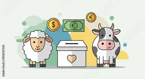 A conceptual flat design illustration merging sacrificial animals with symbols of money and donation, highlighting the charitable aspect of Eid al-Adha
