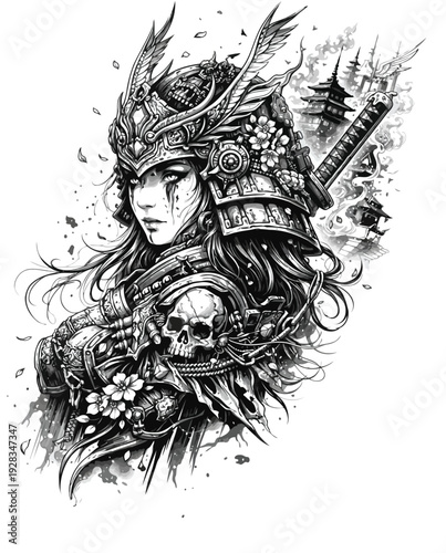 Detailed Portrait of a Fierce Female Samurai Warrior.