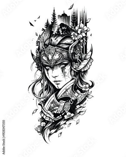 Detailed Warrior Woman Portrait with Ornate Helmet and Flowers.