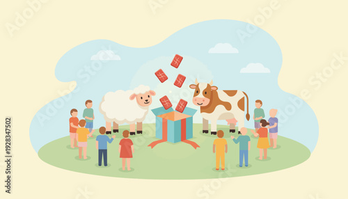 This conceptual flat design illustration depicts sacrificial animals alongside an open gift box, symbolizing the act of sharing qurban meat during Eid al-Adha