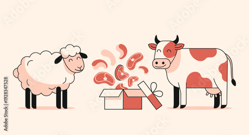 This conceptual flat design illustration depicts sacrificial animals alongside an open gift box, symbolizing the act of sharing qurban meat during Eid al-Adha