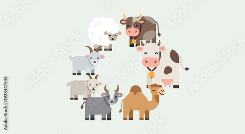 A unique flat design illustration showcasing a diverse collection of sacrificial animals arranged in a circle, symbolizing unity and community during the sacred Eid al-Adha