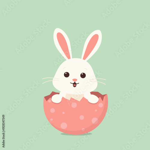 A white Easter bunny sits in a painted egg shell on a green background. Vector illustration for the Easter holiday .