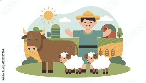This endearing flat design illustration showcases a friendly farmer or herder proudly standing with his collection of sacrificial animals, highlighting the agricultural aspect of qurban