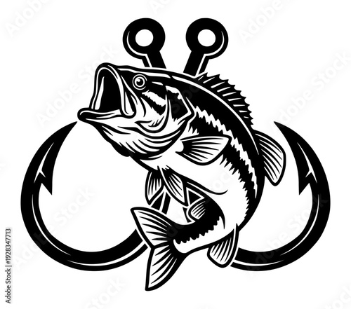 Largemouth Bass Fishing Graphic With Sharp Fish Hooks, Aggressive Game Fish Jumping Out Of Water Vector Illustration, Outdoor Sporting And Angling Design