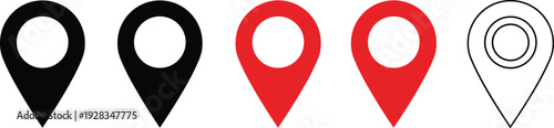 Map pin location icon set with red and black pointer symbols in flat design and line art styles for navigation GPS address
