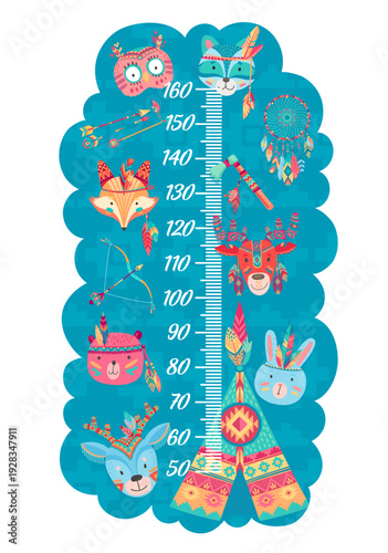 Cartoon kids height chart, owl, wolf, fox indians