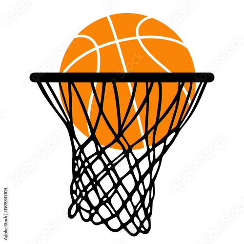 Basketball Ball Falling Through The Net Hoop Vector Illustration, Scoring Goal Sports Graphic Design, Vibrant Orange Ball And Black Netting Illustration