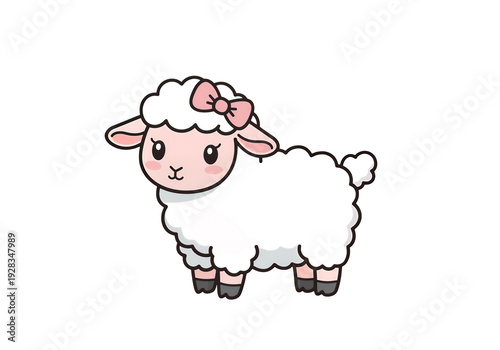 Cute cartoon sheep with pink bow isolated on a transparent background 1